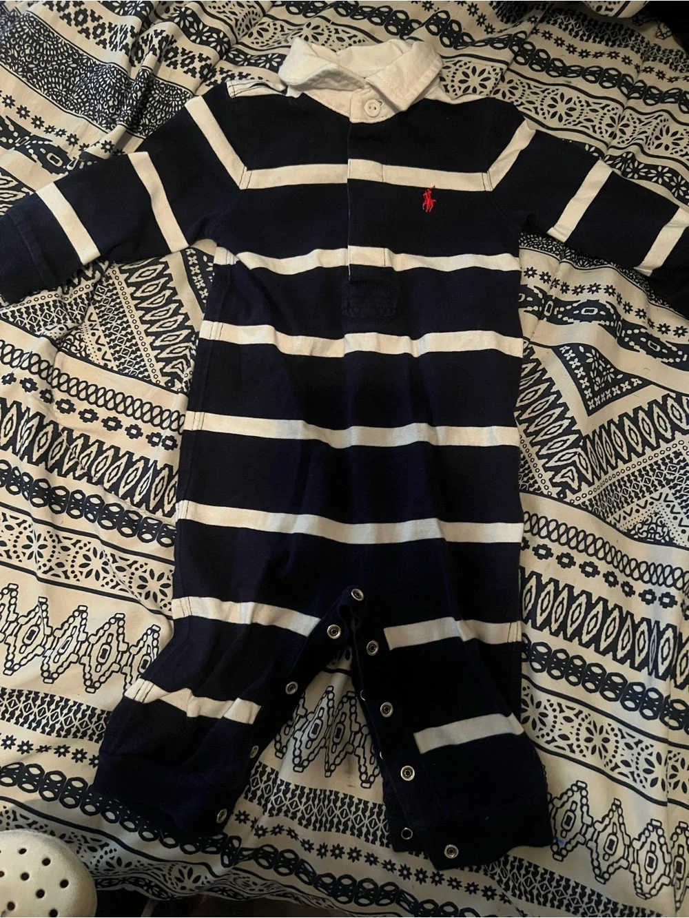 Ralph Lauren Navy and White Striped Polo Footie with Red Pony